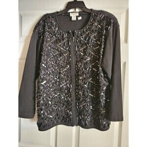 Vintage Gantos Women's Cardigan Sweater Large Black Sequin Full Zip Hong Kong